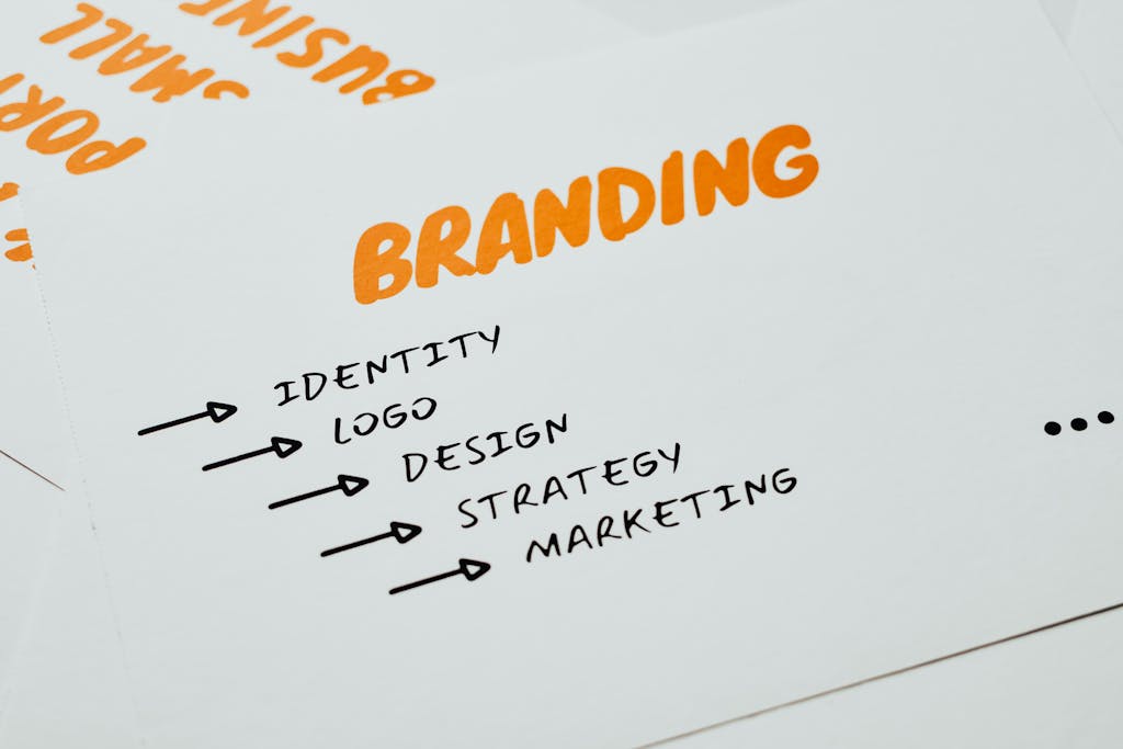 Close-up of a paper with branding, identity, design, strategy, and marketing concepts in orange and black.